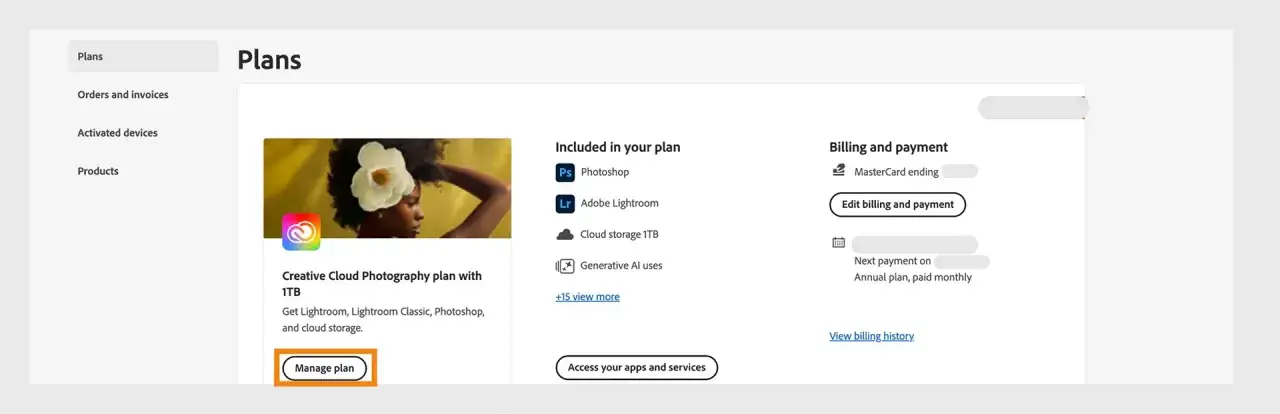 Adobe konto zarządzanie planem Creative Cloud