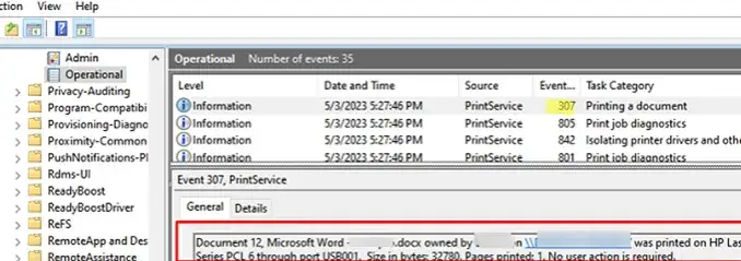 Podgląd zdarzeń Windows PrintService Operacyjny
