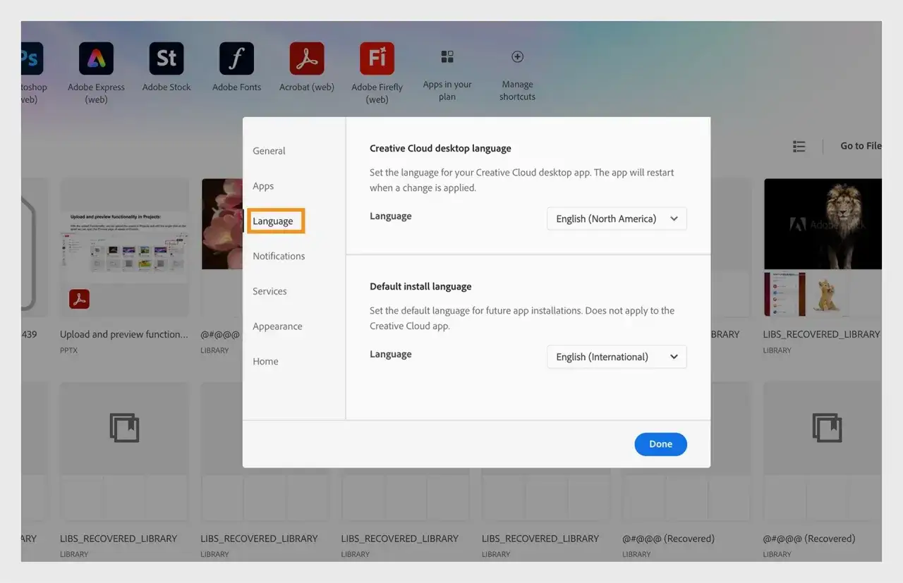Adobe Creative Cloud desktop app preferences language setting